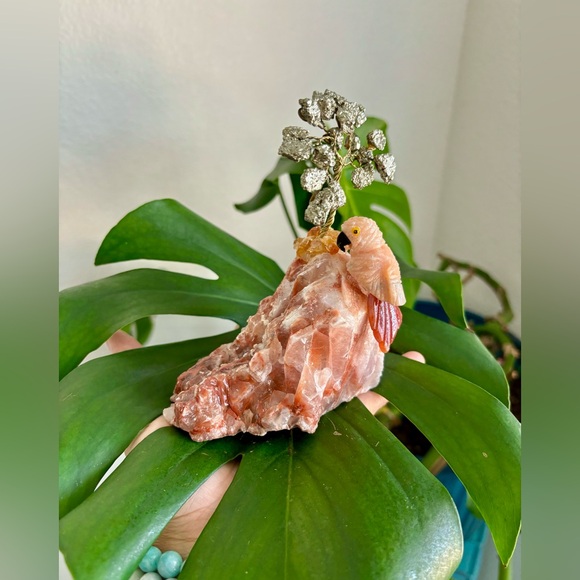 Parrot carving & Tree on Salmon calcite - Picture 4 of 6